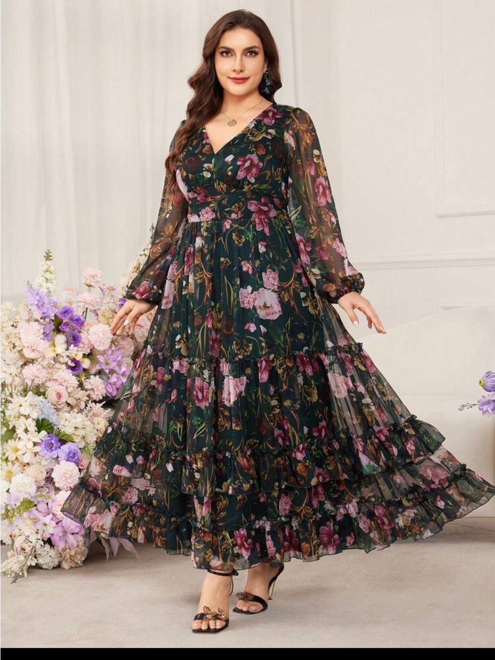 Floral Long Sleeve Maxi Green 20 Plus Dress Sheer Sleeves